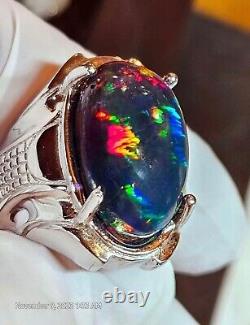 Certified Natural Black Opal 925 Sterling Silver Handmade Ring Gift Free Ship