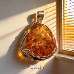 Chunky Hand Made Sterling Silver and Baltic Amber Pendant 15.6g