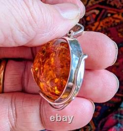 Chunky Hand Made Sterling Silver and Baltic Amber Pendant 15.6g
