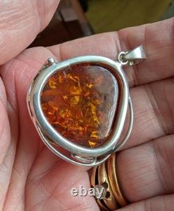 Chunky Hand Made Sterling Silver and Baltic Amber Pendant 15.6g