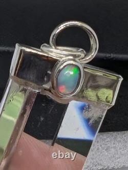 Clear Terminated Quartz Ethiopian Opal Artisan Made Sterling Silver Pendant. A5a