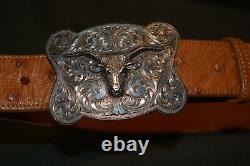 Clint Orms Sterling Longhorn Buckle With Ostrich Custom Made Belt 36