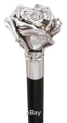 Concord Rose 925 Sterling Silver Handle Walking Stick Unisex Cane Made in Italy