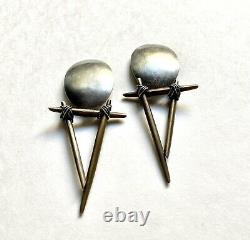 Cool Postmodern Studio Made Sterling Silver & Bronze Earrings, 1992 Vintage Clip