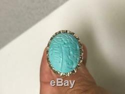 Custom Design Hand Made Men's Silver Ring With Genuine Carved Persian Turquoise