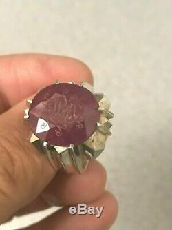 Custom Hand Made Carve Cut Design Men's Silver Ring, Large Genuine Red Ruby