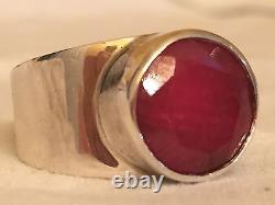 Custom Hand Made Opaque Round Red Ruby Solitaire Ring, Sterling Silver 925