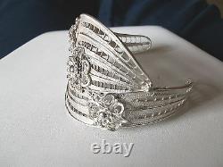 Custom Made Filigree Bracelet Sterling Silver 925 Cut Out Flowers Beaded Area