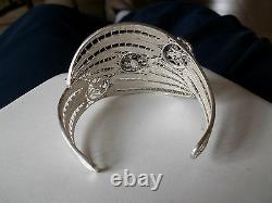 Custom Made Filigree Bracelet Sterling Silver 925 Cut Out Flowers Beaded Area