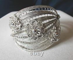 Custom Made Filigree Bracelet Sterling Silver 925 Cut Out Flowers Beaded Area