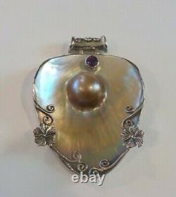 Custom Made Sterling Silver, Blister Pearl & Amethyst 2.75 Pendant