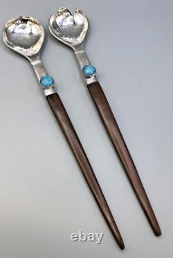 Custom made 2 piece Salad Set 13.5, Sterling Silver, Wood and Turquoise, Nice