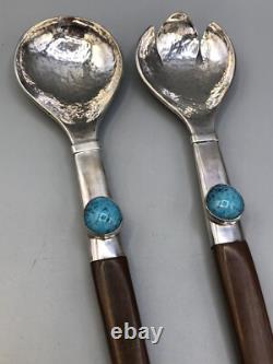 Custom made 2 piece Salad Set 13.5, Sterling Silver, Wood and Turquoise, Nice