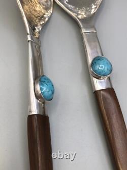 Custom made 2 piece Salad Set 13.5, Sterling Silver, Wood and Turquoise, Nice