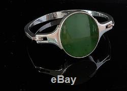 Danish silver bangle set with oval flat Jade and made by N. E. From