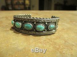 Elaborate OLD Navajo Sterling Silver Hand Made PREMIUM Turquoise ROW Bracelet
