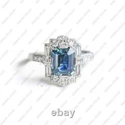 Emerald Cut Teal Sapphire Art Deco Halo Engagement Ring, 925 Sterling Silver Ring