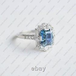 Emerald Cut Teal Sapphire Art Deco Halo Engagement Ring, 925 Sterling Silver Ring