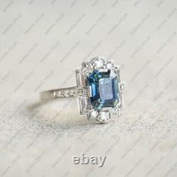 Emerald Cut Teal Sapphire Art Deco Halo Engagement Ring, 925 Sterling Silver Ring