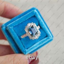 Emerald Cut Teal Sapphire Art Deco Halo Engagement Ring, 925 Sterling Silver Ring