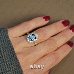 Emerald Cut Teal Sapphire Art Deco Halo Engagement Ring, 925 Sterling Silver Ring