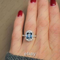 Emerald Cut Teal Sapphire Art Deco Halo Engagement Ring, 925 Sterling Silver Ring