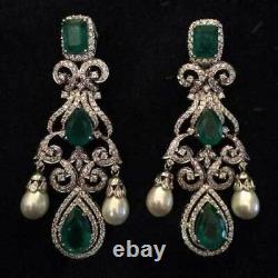 Emerald & White CZ Earrings Made 925 Sterling Silver With Pearl Hanging Drops