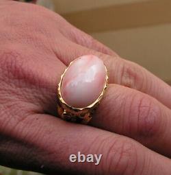 Estate Silver Gold Pink Coral Gem Original Ring Size 8 Made in Italy Vintage