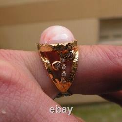 Estate Silver Gold Pink Coral Gem Original Ring Size 8 Made in Italy Vintage