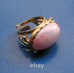 Estate Silver Gold Pink Coral Gem Original Ring Size 8 Made in Italy Vintage