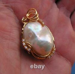 Estate Silver Gold South Sea Baroque Pearl Pendant 40 mm Pearl Made in Italy