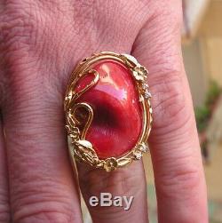 Estate Silver Yellow Gold Red Coral Original Sardinia Ring Size 8 Made in Italy
