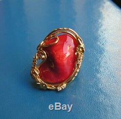 Estate Silver Yellow Gold Red Coral Original Sardinia Ring Size 8 Made in Italy