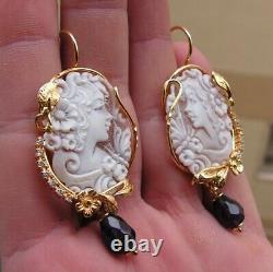 Estate Solid Silver Gold Cameo Carved Shell Stud Earrings Natural Made in Italy