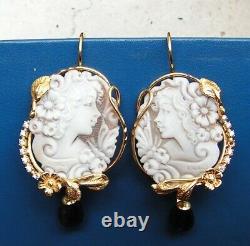 Estate Solid Silver Gold Cameo Carved Shell Stud Earrings Natural Made in Italy