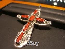 Estate Vintage Fine Sterling Silver Coral Cross Hand Made Designer L. Iule Wow