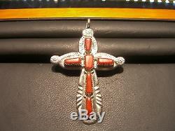 Estate Vintage Fine Sterling Silver Coral Cross Hand Made Designer L. Iule Wow