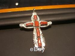 Estate Vintage Fine Sterling Silver Coral Cross Hand Made Designer L. Iule Wow