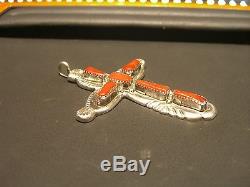 Estate Vintage Fine Sterling Silver Coral Cross Hand Made Designer L. Iule Wow