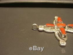 Estate Vintage Fine Sterling Silver Coral Cross Hand Made Designer L. Iule Wow