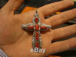 Estate Vintage Fine Sterling Silver Coral Cross Hand Made Designer L. Iule Wow