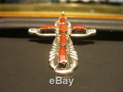 Estate Vintage Fine Sterling Silver Coral Cross Hand Made Designer L. Iule Wow