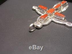 Estate Vintage Fine Sterling Silver Coral Cross Hand Made Designer L. Iule Wow