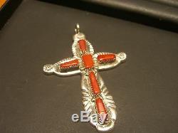 Estate Vintage Fine Sterling Silver Coral Cross Hand Made Designer L. Iule Wow