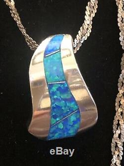 Estate Vintage Sterling Silver Opal Necklace Pendant Made In Italy Gemstone