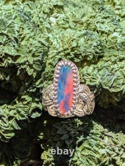 Fancy Woven Aurora Synthetic Opal Hand Made Sterling Silver Ring Sz7.25. A44d