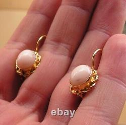 Fine pair of Victorian Style Coral faceted gold earrings & pendant Made in Italy