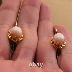 Fine pair of Victorian Style Coral faceted gold earrings & pendant Made in Italy