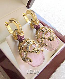 GORGEOUS MADE OF STERLING SILVER 925 & 24K GOLD EARRINGS PINK TOPAZ and ENAMEL