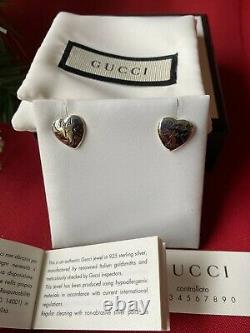 GUCCI Sterling Silver Blind For Love Heart Stud Earrings Made In Italy